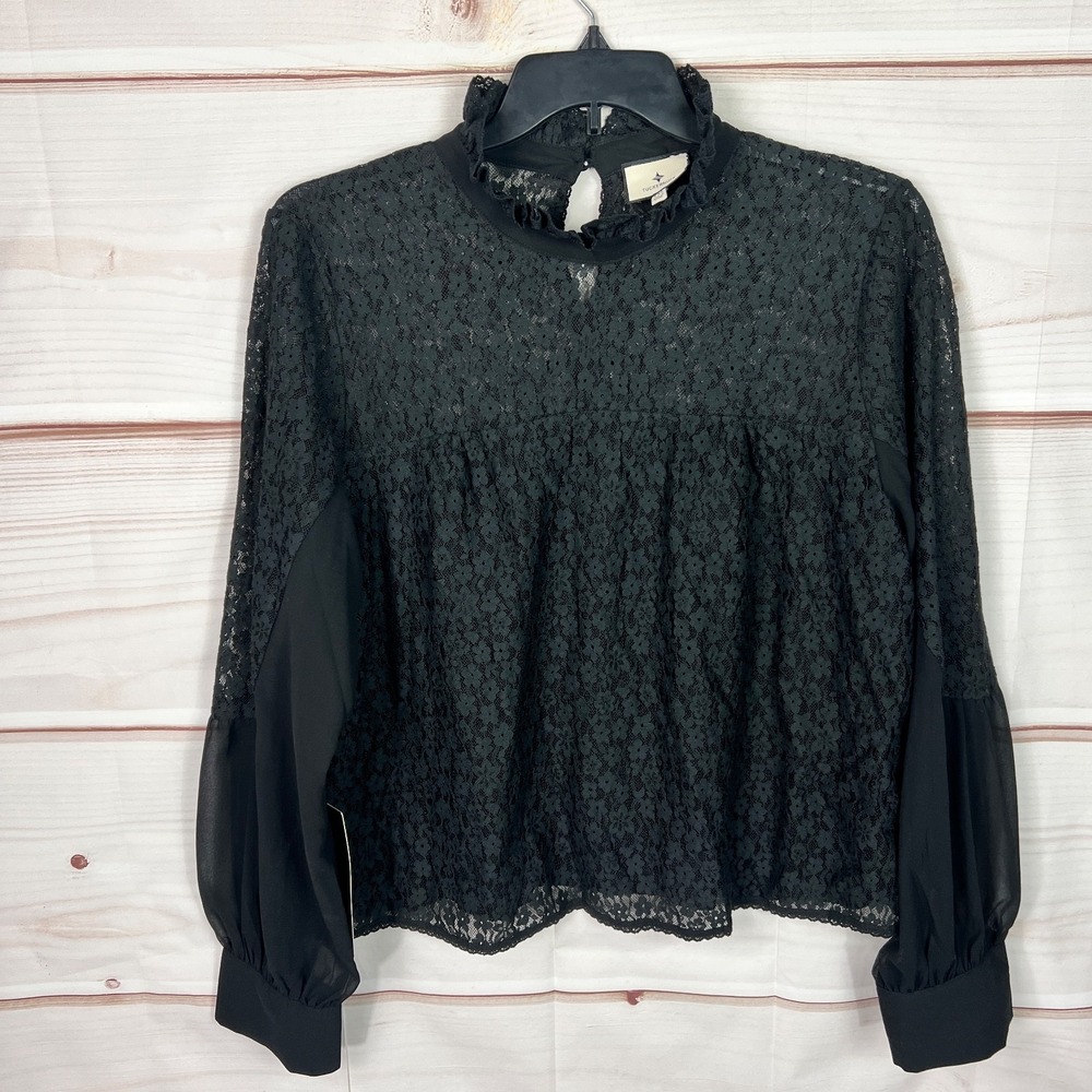 Tuckernuck Top Womens XXL Black Lace Blouse Long Sleeve Ruffle Neck Lined Solid